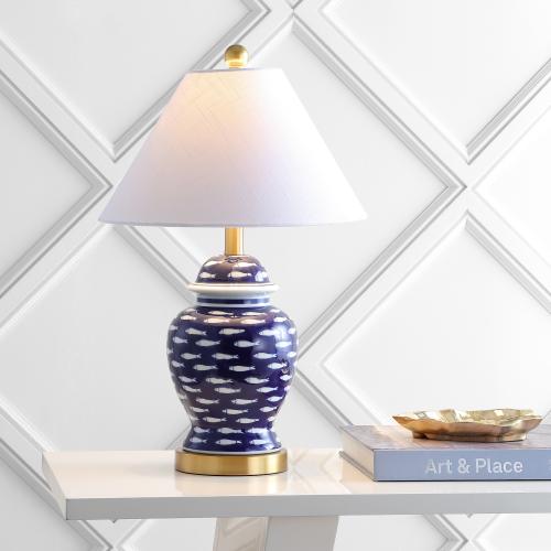 JONATHAN  Y School of Fish Ginger Jar Ceramic/Metal Coastal 22-in Brass Gold LED Incandescent Rotary socket Table Lamp with Linen Shade