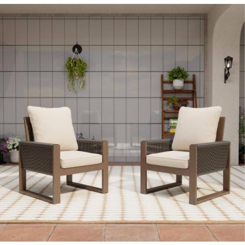 Outdoor Patio Wooden Lounge Chair with Beige Cushions and Square Frame (2-Pack)