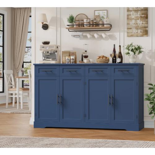 Wide Buffet Cabinet with Spacious Storage Cabinets, Modern 4-Drawer Blue