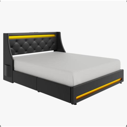 Upholstered Queen Platform Bed Frame Black with Wingback Headboard & LED Lights& 4 Storage Drawers
