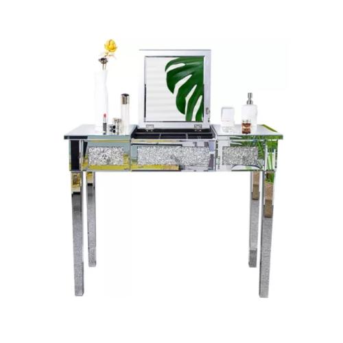 VINGLI Mirrored Vanity Desk With Drawers and Flip Mirror, Glass Table, Silver Makeup Desk for Bedroom/Makeup Room