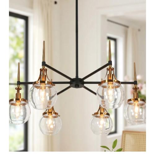 Modern 6-Light Black Gold Glass Wheel Chandelier for Dining Living Room