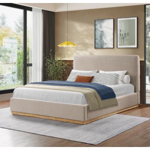 Aspen Wood Base Full Upholstered Beige Boucle Platform Bed (2 BOXES)