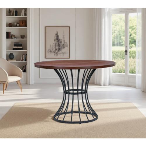 Round Dining Table – Brown Top, Black Pedestal Base