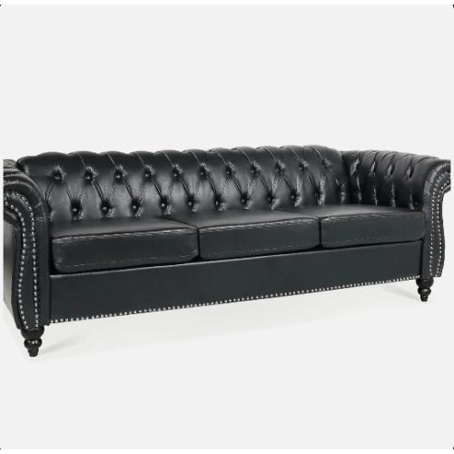 BLACK PU Rolled Arm Chesterfield Three Seater Sofa.