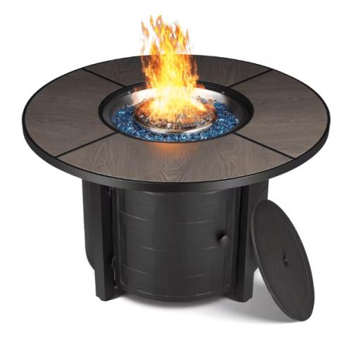 42 Round Propane Fire Pit Table Steel Gas Fire Pit with Removable Lid, Cover and Blue Glass Rocks, Outdoor Fireplace Set