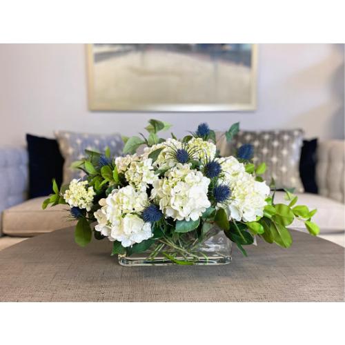 Hydrangea and Thistle Floral Arrangement in a Rectangular Glass Vase