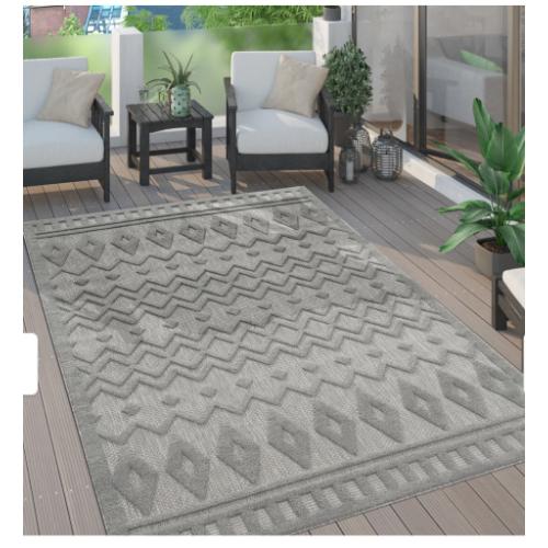 Indoor & Outdoor Rug With High-Low Geometric Trellis Pattern Gray