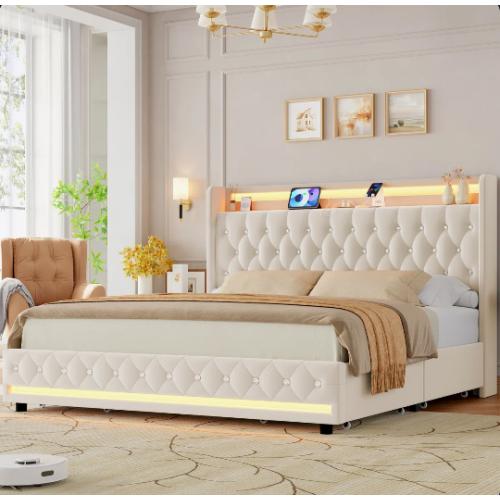 Full White Glastonbury Velvet Upholstered Wingback Storage Bed with LED Lights