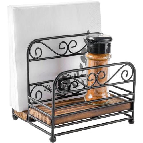 MyGift Black Metal Napkin Holder & Salt Pepper Caddy, Rustic Wood Base