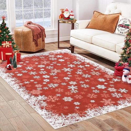 GarveeHome Washable Rug 8x10 Christmas Snowflakes Rugs for Living Room Red