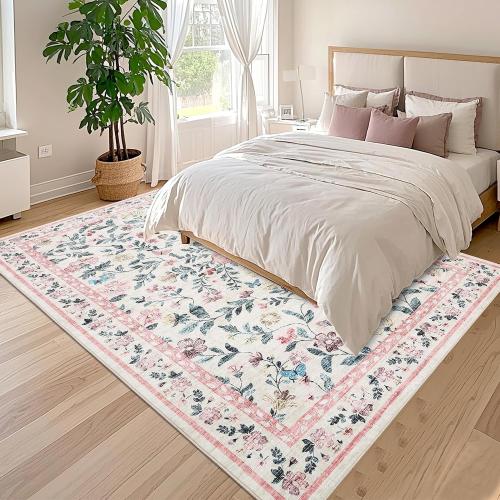 8x10 Vintage Farmhouse Area Rug for Living Room, Washable Floral Distressed Carpet, Non-Slip Low-Profile Soft Rugs for Nursery Bedroom Dining Home Office, Pink
