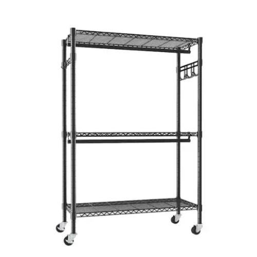 Clothes Rack with Wheels 3 Tiers Adjustable Shelving with 2 Clothes Rails and Side Hooks