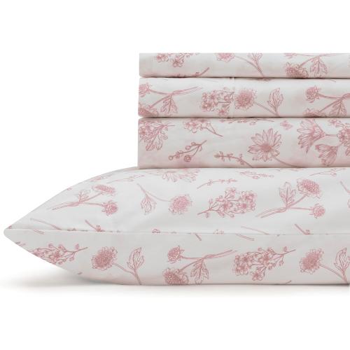 Linen Home 100% Cotton Printed Percale Sheet Set , Mauve Botanical