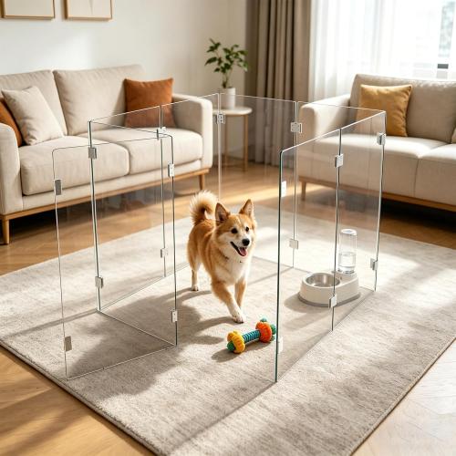 Clear Acrylic Dog Playpen, 31.5 H with Walk-in Door, 3-in-1 Frameless Modular Pet Fence, Anti-Jump Indoor Kennel for Small & Medium Dogs, 40.5 × 40.5 Acrylic Thickness: 3mm