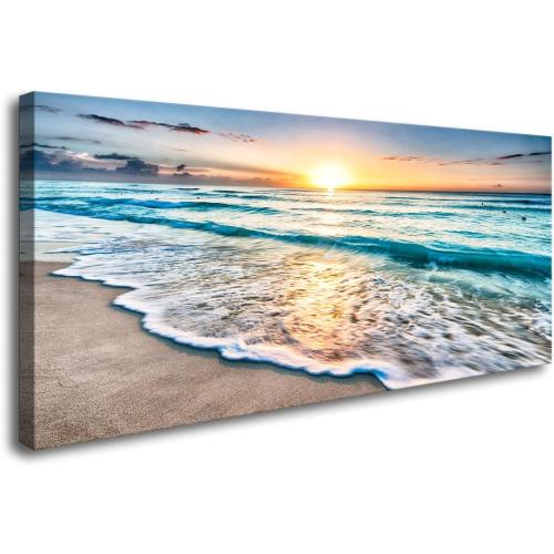 Baisuart S02250 Canvas Prints Wall Art Beach Sunset Ocean Waves Nature Pictures Stretched Canvas Wooden Framed for living Room Bedroom and Office