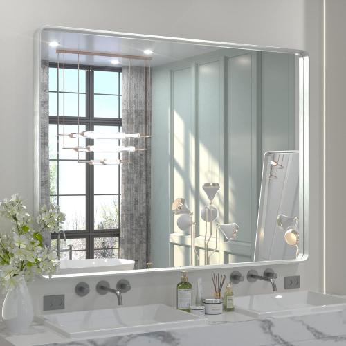 Silver Mirrors for Bathroom, Brushed Silver Framed Rectangular Modern Farmhouse Large Vanity Mirror for Wall Decor (Horizontal/Vertical)