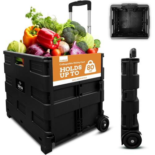 Inspired Living Collapsible Ultra-Slim Pack-N-Roll, 2 Wheel Utility Cart , With Telescopic Handle - Super Strong up to 80 Lbs Load Capacity, Black