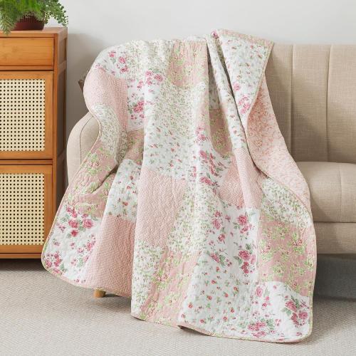 Pink Roses Cotton Quilted Throw Blanket,  Blush Bloom