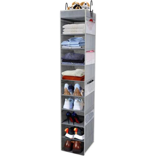 Large-Sized Hanging Shoe Organizer 10-Shelf, Sturdy Hanging Closet Organizer with 8 Side Pockets, Wider Hanging Shelves for Storage Shoes Clothes Jeans Shirts Toys, Grey