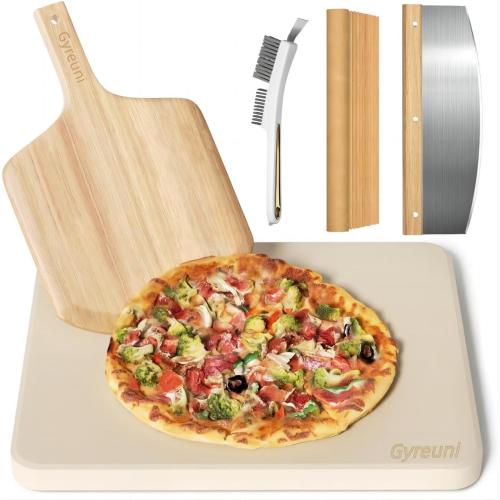 Gyreuni 16'' Cordierite Pizza Stone for Oven and Grill with Pizza Peel Set