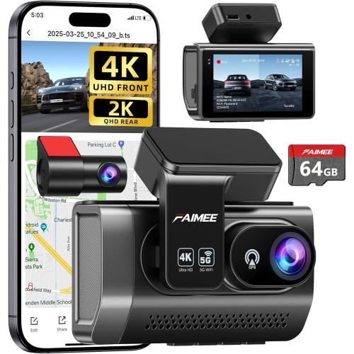 FAIMEE 4K Dash Cam Front and Rear, Night Vision, WDR, Free Card Included