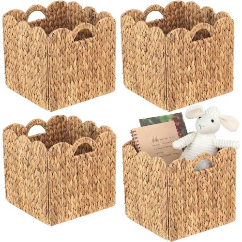 Set of 4 Foldable Scalloped Water Hyacinth Storage Cubes Basket, Storage Cube Bins -12x12x12, Collapsible Cube Organizers, Water Hyacinth Woven Bins for Bathroom, Bedroom, Laundry, Pantry, Shelves