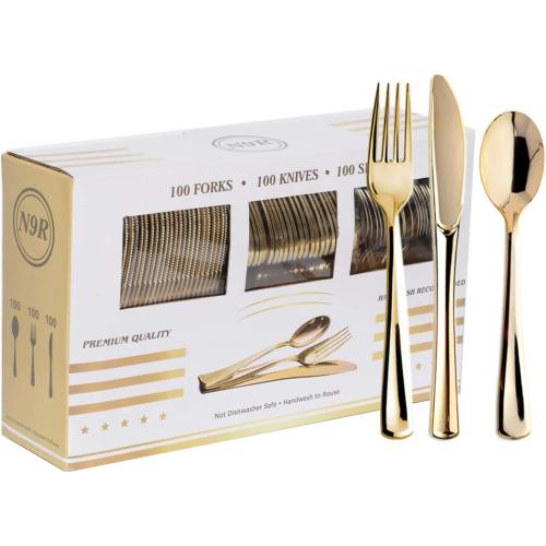 N9R 300PCS Gold Plastic Silverware, Heavy Duty Disposable Cutlery Set