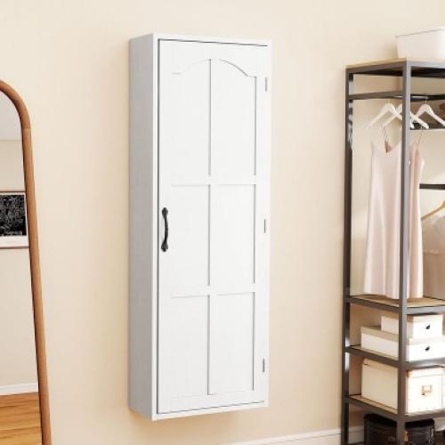 Wall-Mount Ironing Board Cabinet with Swivel Foldable Board, Built-in Storage & Mirror, White