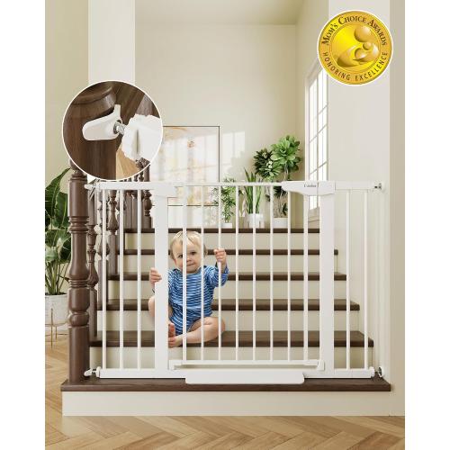 Cumbor 29.7-46 Baby Gate for Stairs, Toddler Safety Essentials for The House, Auto Close Dog Gate for Doorways, Mom's Choice Awards Winner-Easy Install Pressure Mounted Pet Gates for Dogs, White