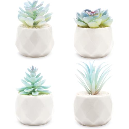 VIVERIE Mini Blue Artificial Succulent in Pots (White Ceramic, 4 Pot Set) Fake Plants for Indoors, Office Decor Gift for Women, Office Home Decor Gifts, Faux Plant for Shelf/Desk/Bathroom Decor