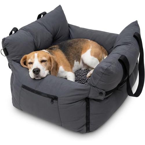 Muddy Mat® Cloud K-9 Travel Dog Bed for Small & Medium Dogs, Chenille Car Seat Bed with Bolster Sides & Safety Leash, Waterproof Washable Cover, Slip Resistant Travel & Home Pet Bed - Grey 16x20