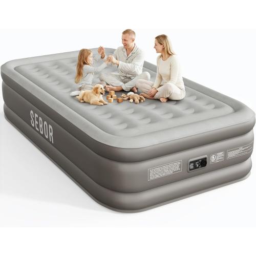 Air Mattress with Built-in Pump, Comfortable Self-Inflating Air Mattress with High-Speed Pump, Durable Blow Up Mattress with Storage Bag for Guests, Camping, Travel (18 Queen, Brown Gray)