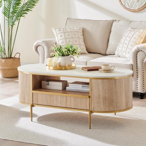 Modern Luxury Fluted Coffee Table, 48 Oval Coffee Table with Drawer, Faux Marble Top, Curved Profile Design, Gold Metal Decor, Center Table for Living Room Natural Oak