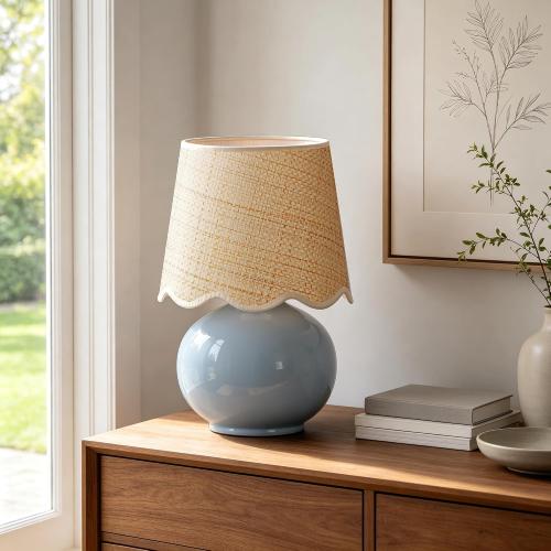 PARTPHONER Coastal Lamp, Small Ceramic Table Lamp, Light Blue Globe Base with Rattan Woven Shade, Rocker Switch Boho Bedside Lamp for Bedroom, Living Room, Kids Room, Bulb Included