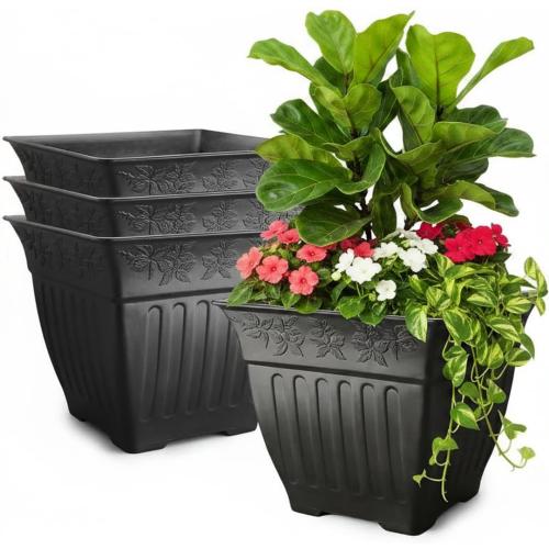 4-Pack 18 Inch Large Outdoor Planters, Embossed Leaf Pattern, Black