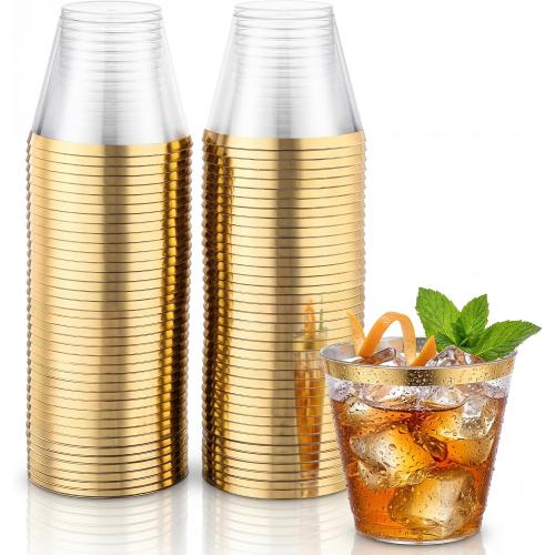 Hioasis 100Pcs 9OZ Clear Plastic Cups with Gold Trim