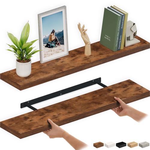 Ballucci 48 Floating Shelves, 2-Pack Wood Wall Shelf Set with Invisible Brackets, 8 Deep, Rustic Brown