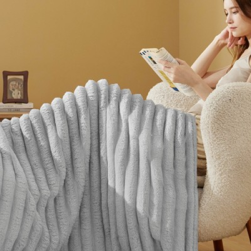 Bedsure Throw Fleece Blanket for Couch - Super Soft Cozy Blankets for Women, Cute Small Fleece Throws for Girls, Light Grey, 50x60 Inches, Wider Strip