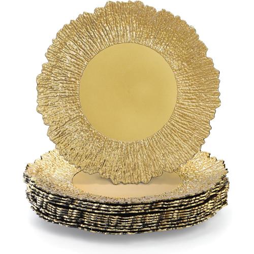Coloch Set of 12 Gold Charger Plates, 13 Plastic Reef Serving Chargers for Dinner Plate Reusable Round Shiny Decorative Charger Plate for Wedding, Catering, Parties, Christmas, Home Dinner Use