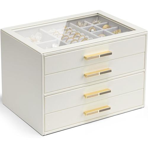 VLANDO Jewelry Box Organizer, 4-Layer Storage Drawers, Glass Window, Modern