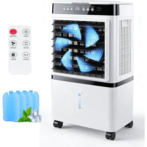Portable Air Conditioner, Evaporative Air Cooler with Remote 3 Modes 3 Speeds 4 Gal Water Tank 4 Ice Packs 120 Oscillation 12H Timer 8,500 BTU for Rooms up to 250 Sq. Ft.
