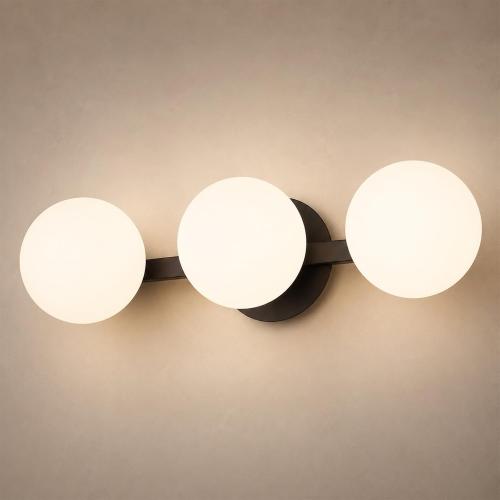 Black Brass Globe Wall Sconce – Modern Milk Glass Three Light Fixture