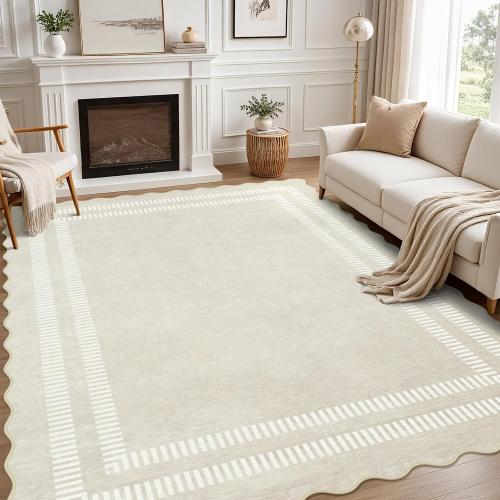 Washable 8x10 Area Rugs for Living Room, Solid Ivory Ultra-Thin Bedroom Rug Non-Slip Dining Room Rugs, Soft Scalloped Carpet for Nursery Kids Room Office