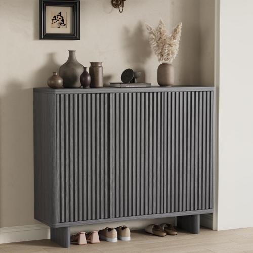 Garvee 46 Inch Shoe Cabinet with Fluted Door, 5-Tier Storage with 4 Adjustable Shelves, Rustic Entryway Shoe Bench for Hallway, Gray