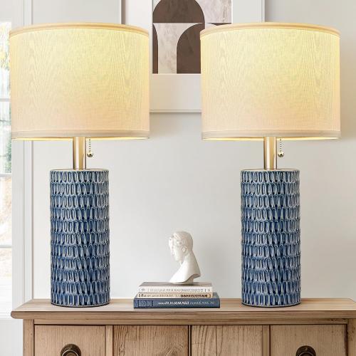 Modern Ceramic Table Lamps Set of 2, Lamps for Bedroom, Dark Blue
