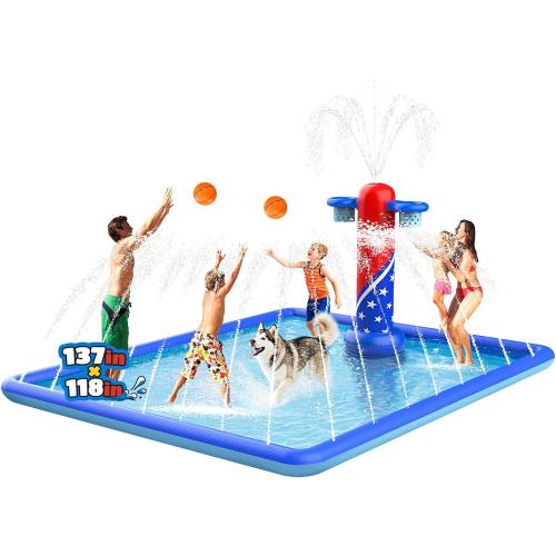 137x118'' Large Splash Pad for Kids 3-12 & Dogs, 2-in-1 Sprinkler Pad with Basketball Hoop/Ball Toss, Thickened Non-Slip Water Mat, Foldable Outdoor Summer Toy for Backyard/Pool/Beach