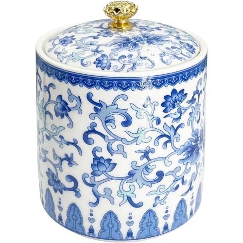 Vintage Blue White Salt Cellar with Lid - Airtight Ceramic Jar