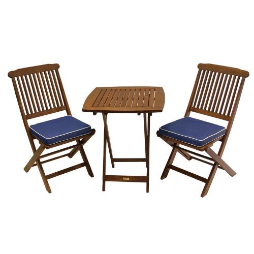 3-Piece Eucalyptus Outdoor Bistro Set with Blue Cushions